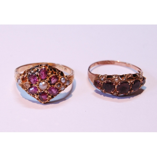 73 - Victorian garnet and pearl ring, probably 18ct, and another, 9ct, Birmingham 1901, 4g gross.  (2)