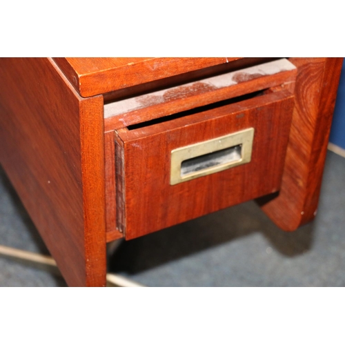 100A - 1970's inlaid drop leaf games table with single drawer accessible from either end on metal support 5... 