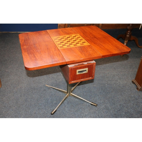 100A - 1970's inlaid drop leaf games table with single drawer accessible from either end on metal support 5... 