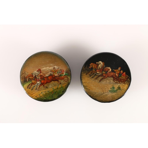 130A - Two Russian Fedoskino lacquer boxes, both signed and dated, 6cm diameter.