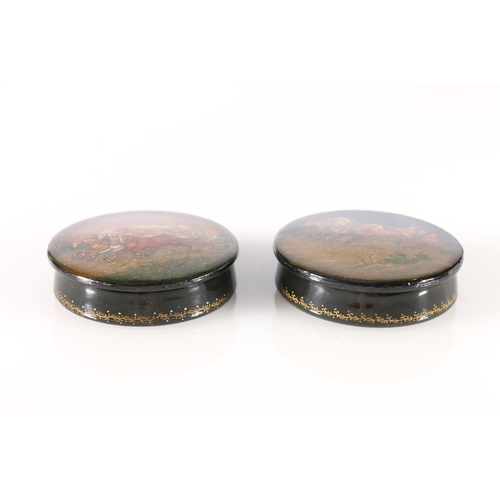 130A - Two Russian Fedoskino lacquer boxes, both signed and dated, 6cm diameter.