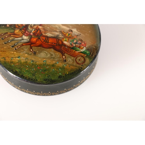 130A - Two Russian Fedoskino lacquer boxes, both signed and dated, 6cm diameter.