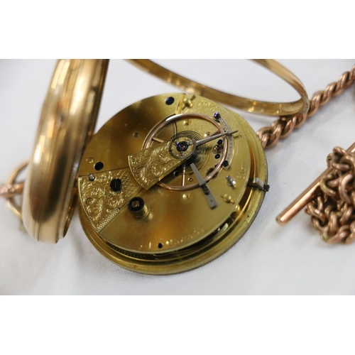 188 - 18ct gold cased open face pocket watch on 9ct gold albert chain with citrine fob, 150g gross.