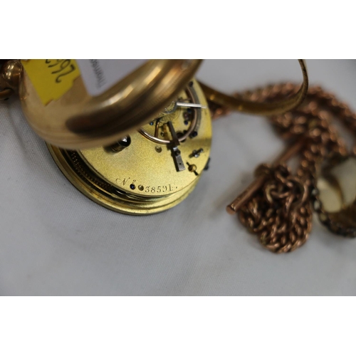 188 - 18ct gold cased open face pocket watch on 9ct gold albert chain with citrine fob, 150g gross.