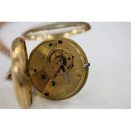 198 - Victorian 18ct gold open face pocket watch, 4cm diameter with 9ct gold albert chain, 17.2g (just cha... 