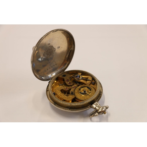 91 - Late 19th century Chinese open face pocket watch, the case back opening to reveal a finely jewelled ... 