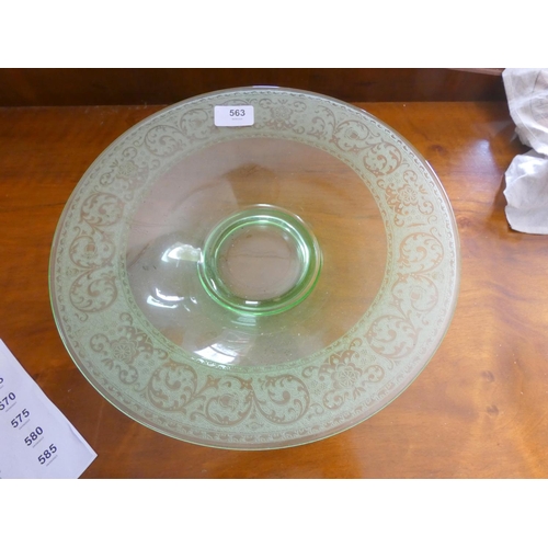 563 - Cambridge Glass Co green shallow uranium glass bowl with scrolled floral rim and impressed mark to b... 