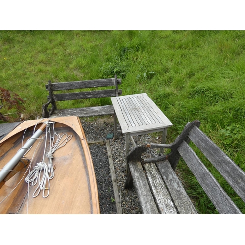 584 - Vintage garden table and two bench seats.