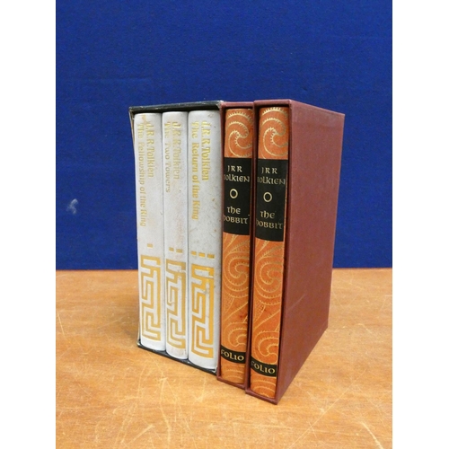 93 - FOLIO SOCIETY.  J. R. R. Tolkien. 3 vols. in slip case; also 2 Hobbits in slip cases. ... 