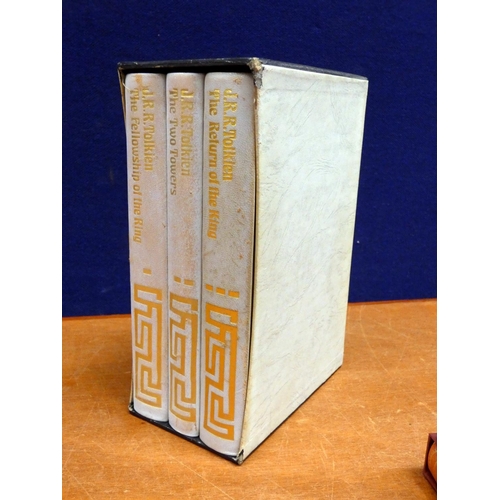 93 - FOLIO SOCIETY.  J. R. R. Tolkien. 3 vols. in slip case; also 2 Hobbits in slip cases. ... 