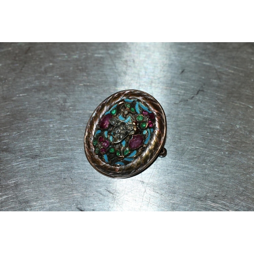 205 - Early 20th c. yellow metal rough gem encrusted brooch with diamond fly among flowers, 3 x 2.5cm.