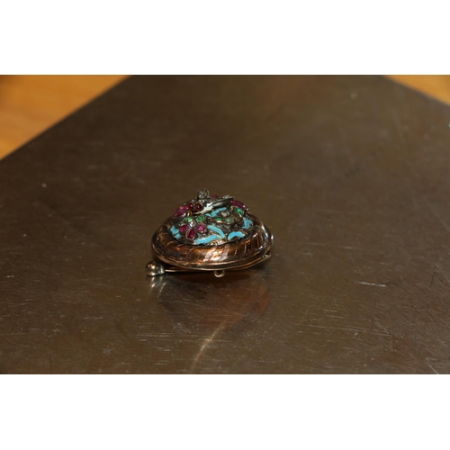 205 - Early 20th c. yellow metal rough gem encrusted brooch with diamond fly among flowers, 3 x 2.5cm.