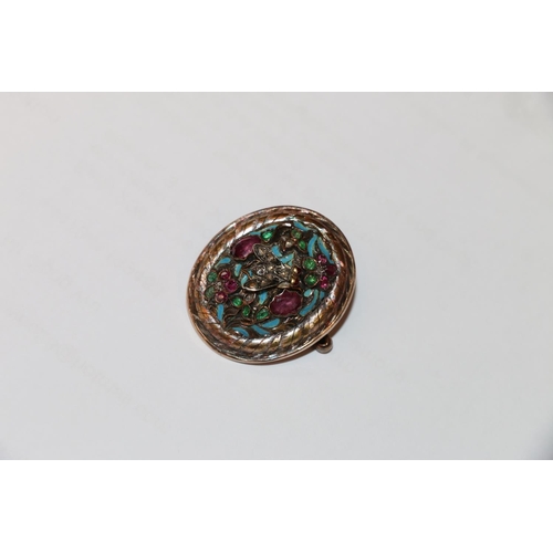 205 - Early 20th c. yellow metal rough gem encrusted brooch with diamond fly among flowers, 3 x 2.5cm.