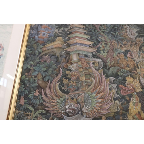 327 - I WAYAN PENDET (Indonesian b1936) Balinese scene with figures and pagodas Gouache on silk, signed lo... 