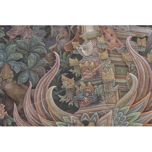 327 - I WAYAN PENDET (Indonesian b1936) Balinese scene with figures and pagodas Gouache on silk, signed lo... 