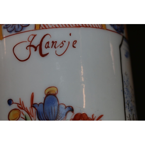 408 - Bohemian milk glass tankard with inscription Hansje in de Kelder with fine painted border, floral de... 