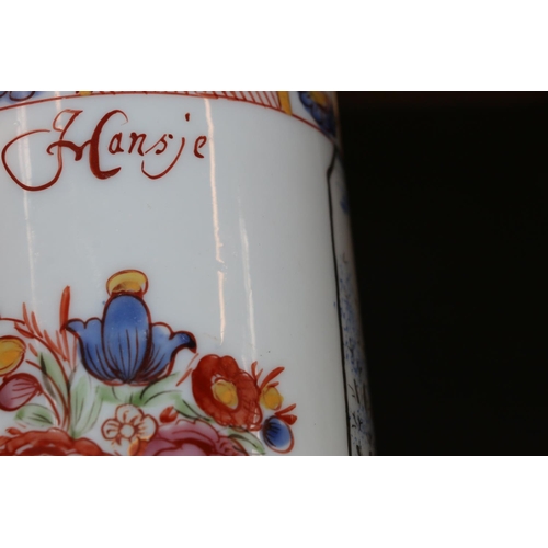 408 - Bohemian milk glass tankard with inscription Hansje in de Kelder with fine painted border, floral de... 