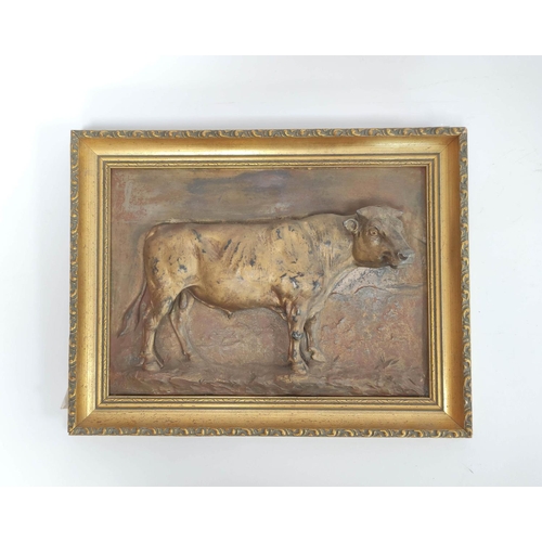 150 - Continental cast bronze plaque in the form of a bull in relief in naturalistic setting, signed indis... 