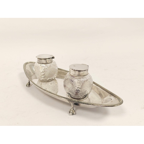 13 - Silver ink stand with two mounted glass receivers on oval base by Reids 1905. 174g weighable6oz... 