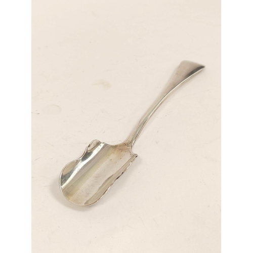 18 - Silver plain cheese scoop, Sheffield 1912, two salt spoons,1803 and a menu holder 1905.114g.