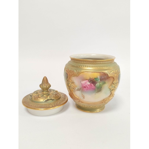 290 - Royal Worcester pot pourri vase with cover with four panels to the body bearing pink roses and assor... 