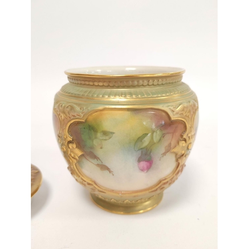 290 - Royal Worcester pot pourri vase with cover with four panels to the body bearing pink roses and assor... 