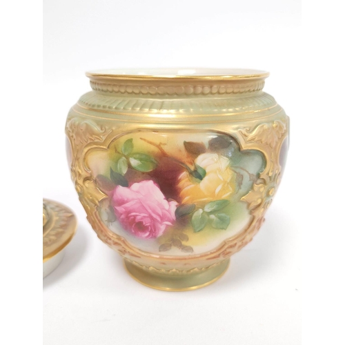 290 - Royal Worcester pot pourri vase with cover with four panels to the body bearing pink roses and assor... 