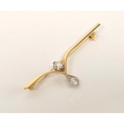 4 - 18ct gold bar brooch with two diamond brilliants.4.2g