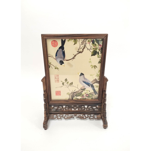 335 - Chinese 20th century table screen, the double sided screen decorated with woven birds on branches on... 