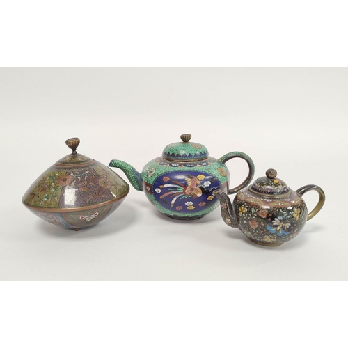 336 - Three pieces of Oriental cloisonne comprising of Chinese style globular tea pot with cover on green ... 