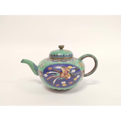 336 - Three pieces of Oriental cloisonne comprising of Chinese style globular tea pot with cover on green ... 