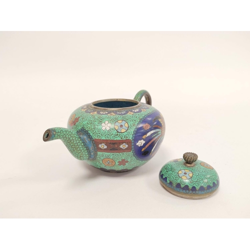 336 - Three pieces of Oriental cloisonne comprising of Chinese style globular tea pot with cover on green ... 