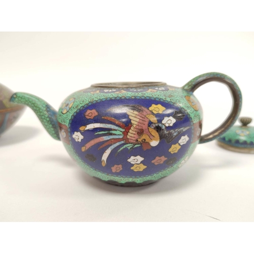 336 - Three pieces of Oriental cloisonne comprising of Chinese style globular tea pot with cover on green ... 