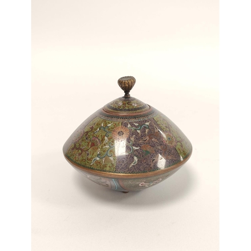 336 - Three pieces of Oriental cloisonne comprising of Chinese style globular tea pot with cover on green ... 