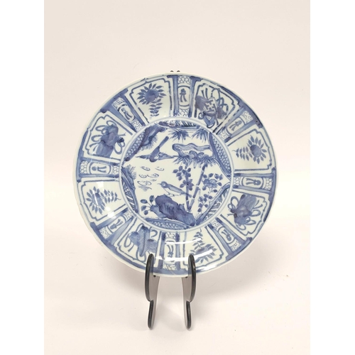 337 - Oriental Kraak porcelain plate with blue underglazed birds in foliage to the centre with precious ob... 