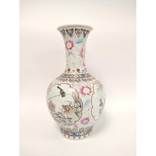 338 - Chinese 20th century famille rose vase, Republic period, of baluster form with central panel of bird... 