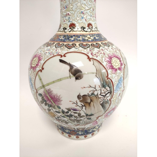 338 - Chinese 20th century famille rose vase, Republic period, of baluster form with central panel of bird... 