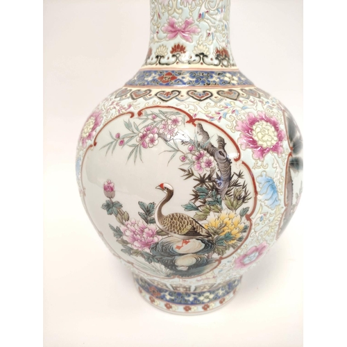 338 - Chinese 20th century famille rose vase, Republic period, of baluster form with central panel of bird... 