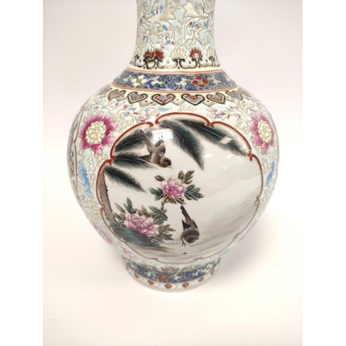 338 - Chinese 20th century famille rose vase, Republic period, of baluster form with central panel of bird... 