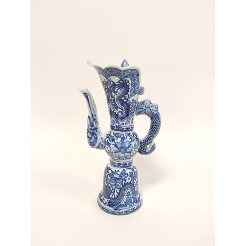 340 - Chinese 20th century blue and white wine ewer with underglazed dragon decoration, later Qianlong rei... 