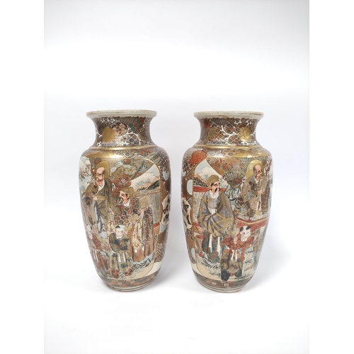 342 - Pair of early 20th Century Japanese Satsuma vases with figures in typical colours with scenes of emp... 