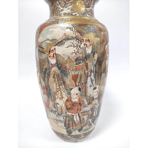 342 - Pair of early 20th Century Japanese Satsuma vases with figures in typical colours with scenes of emp... 