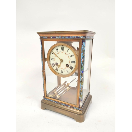 151 - French late 19th century 'four glass' mantel clock with mercurial pendulum and champleve enamel band... 