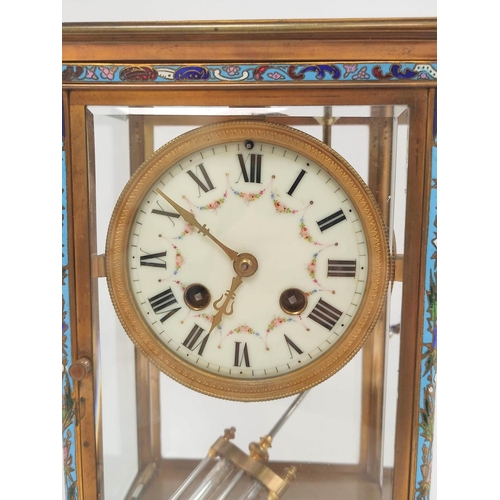 151 - French late 19th century 'four glass' mantel clock with mercurial pendulum and champleve enamel band... 