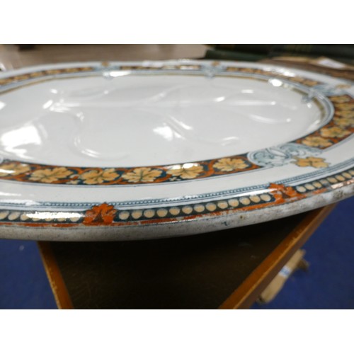 70 - Large Davenport ashet 52cm,  a Spode segmented fish dish and a floral decorated plate. (3) etc.