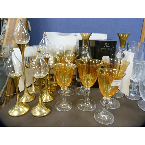 1 - Collection of glassware to include Fifth Avenue Gold Ombre goblets, table lights etc.