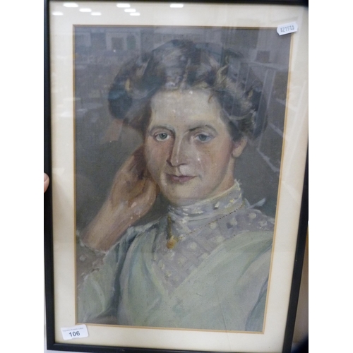 106 - Framed portrait of an Edwardian lady wearing a pendant.