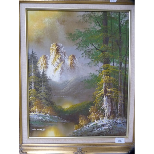 108 - J HillsRiverscapeGilt framed oil on canvas, a framed German print, four other prints and an oil.... 