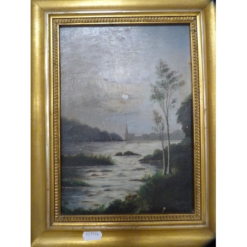 108 - J HillsRiverscapeGilt framed oil on canvas, a framed German print, four other prints and an oil.... 