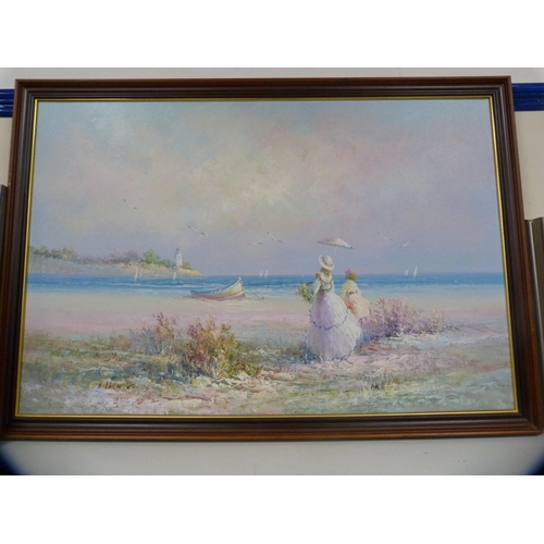 109 - After Vernon WardPair of framed prints, also another print of figures on a beach and another larger ... 